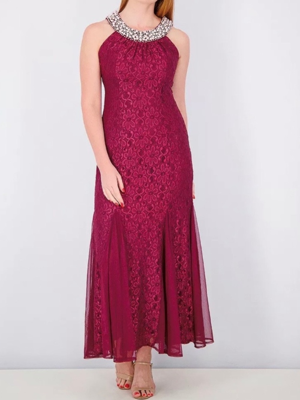 R & M Richards Beaded Halter Lace Maxi Gown in Wine